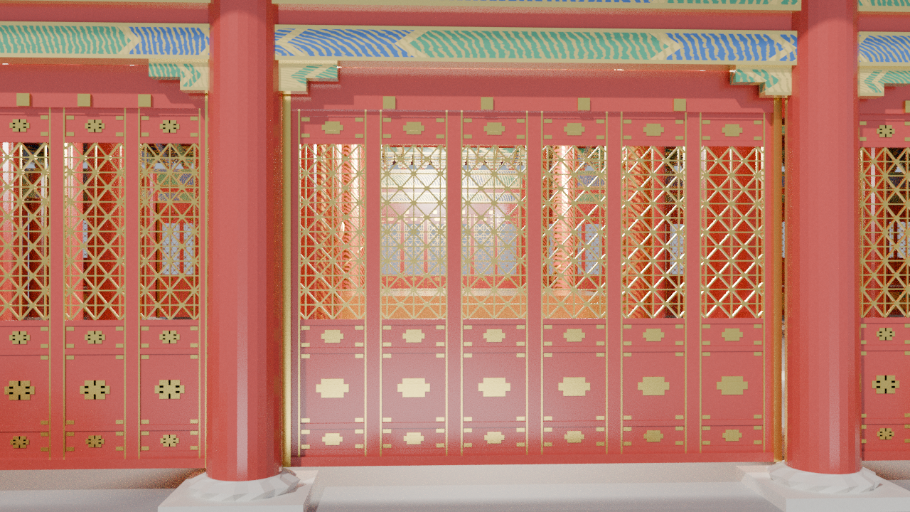 当前门窗近景：浮雕与铜叶仍简化